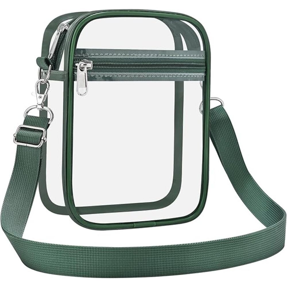 New Uspeclare Green Trim Large Clear Stadium Approved CrossBody Zip Bag Purse